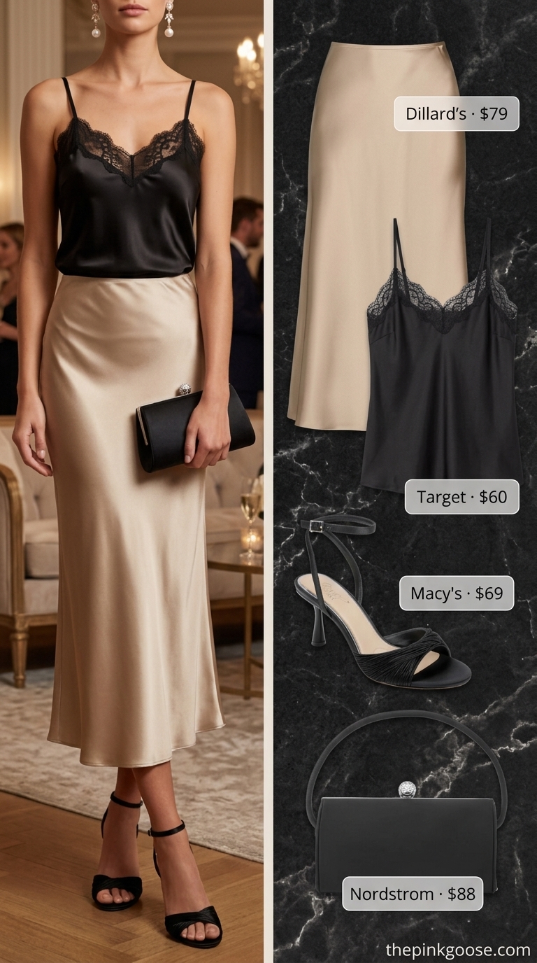 Summer A-Line Skirt Outfits for Women 2026: Champagne satin skirt, lace cami, gold statement earrings for evening.