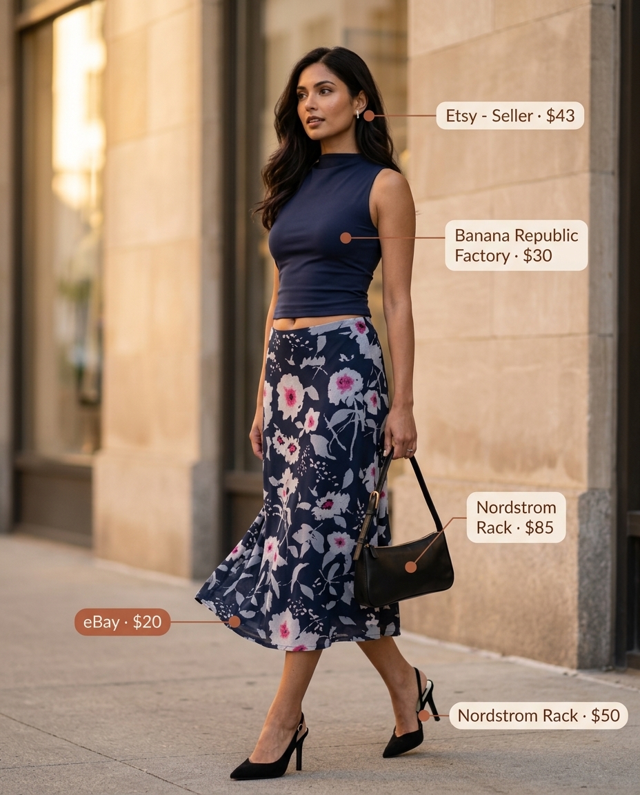 Summer A-Line Skirt Outfits for Women 2026: Floral midi skirt, mock neck top, heeled mules for wedding guest.