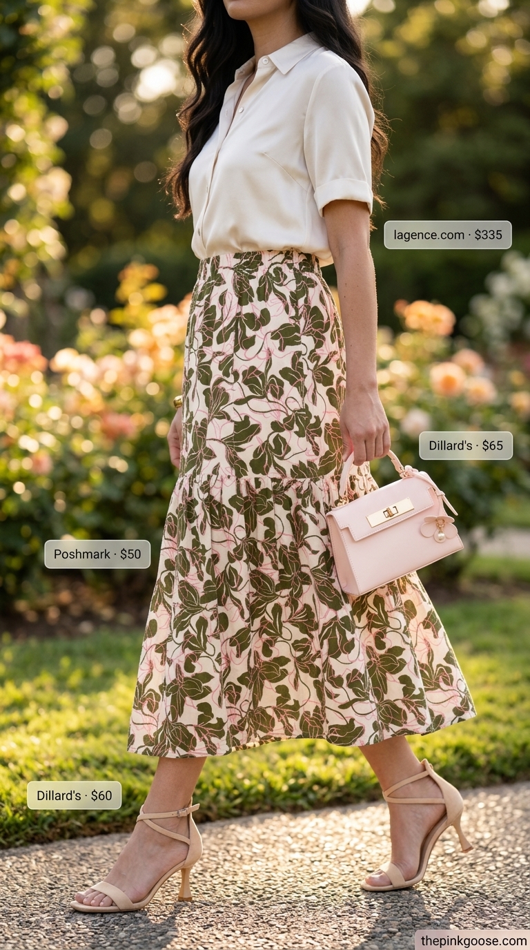 Summer A-Line Skirt Outfits for Women 2026: Pastel floral skirt, silk blouse, heeled sandals for garden party.