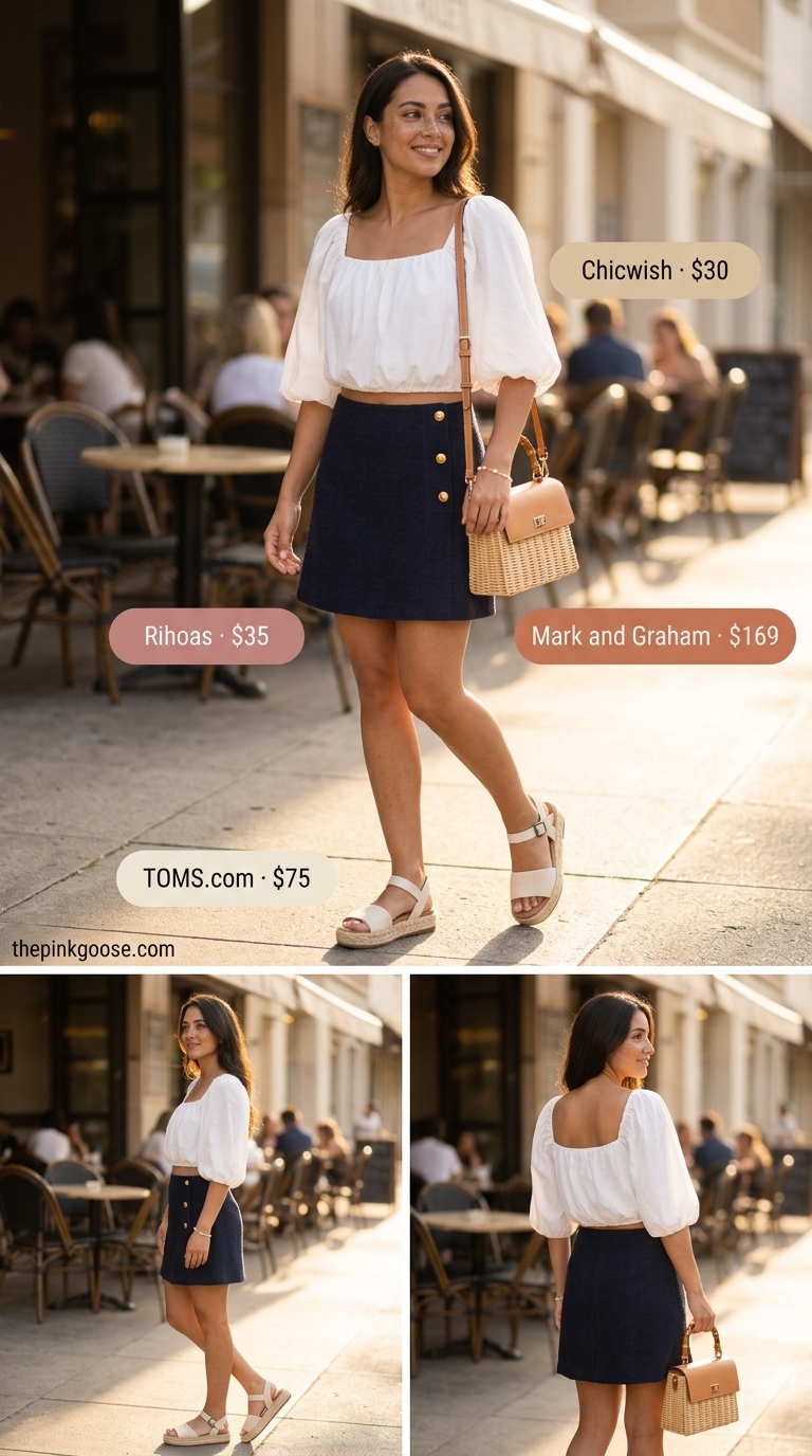 Summer A-Line Skirt Outfits for Women 2026: Pastel blue skirt, white puff sleeve top, straw bag for a picnic.