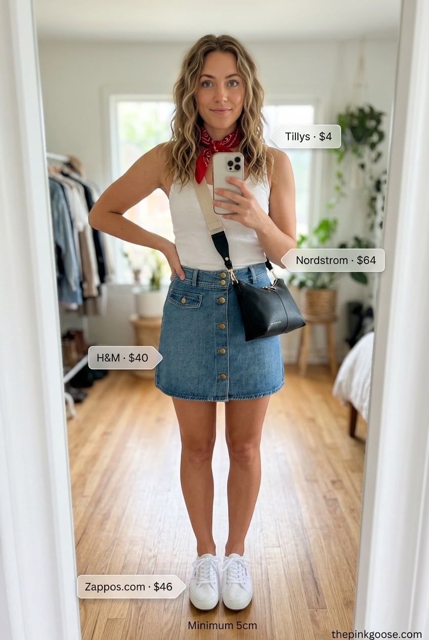 Summer A-Line Skirt Outfits for Women 2026: Denim A-line skirt, graphic tee, bandana for casual weekend.