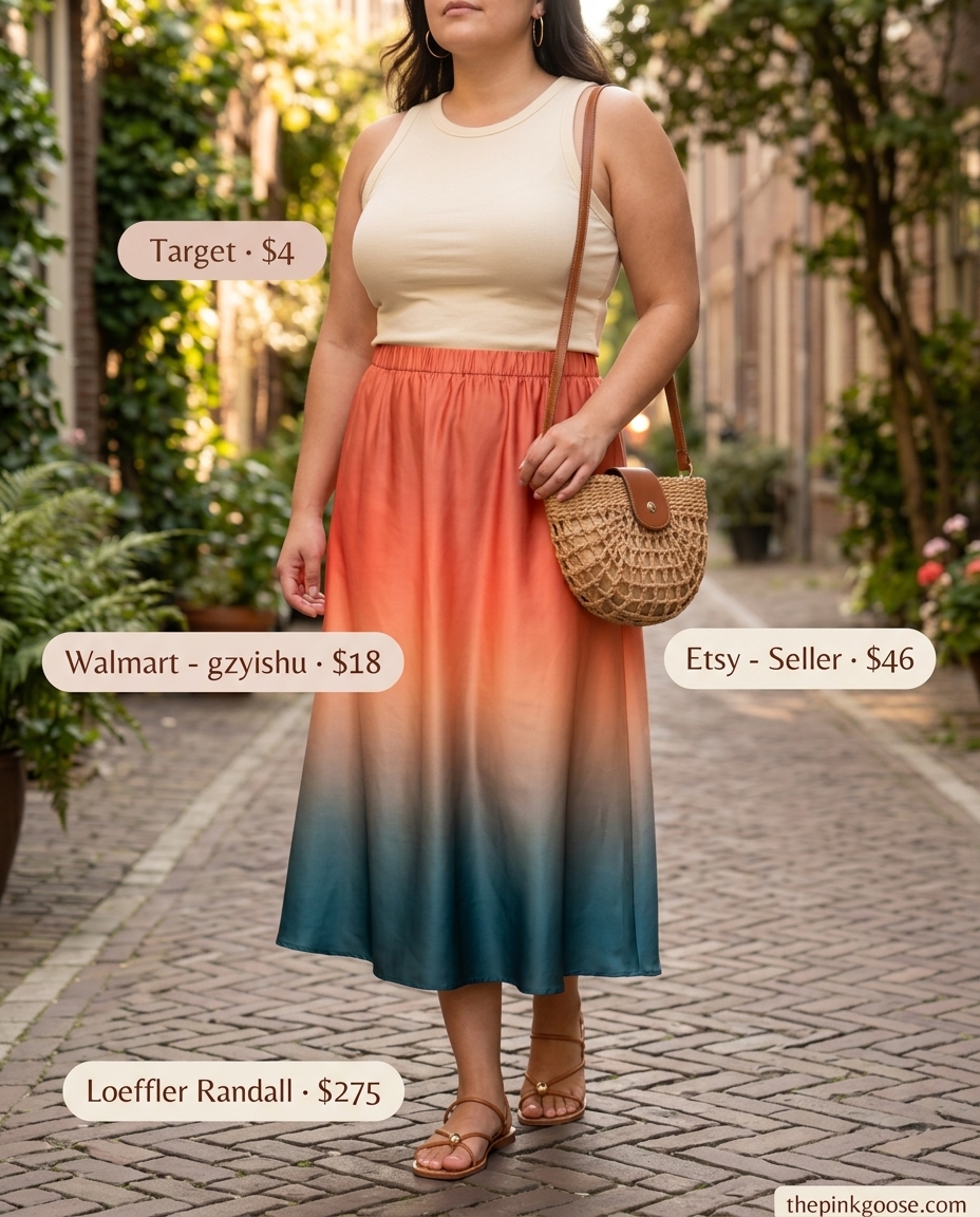 Summer A-Line Skirt Outfits for Women 2026: Coral-orange gradient skirt, cream tank, gold hoops, straw bag for beach sunset.