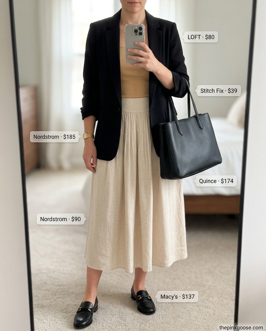 Beige linen A-line skirt outfit 2026: Blazer, loafers, tote bag for smart casual office.