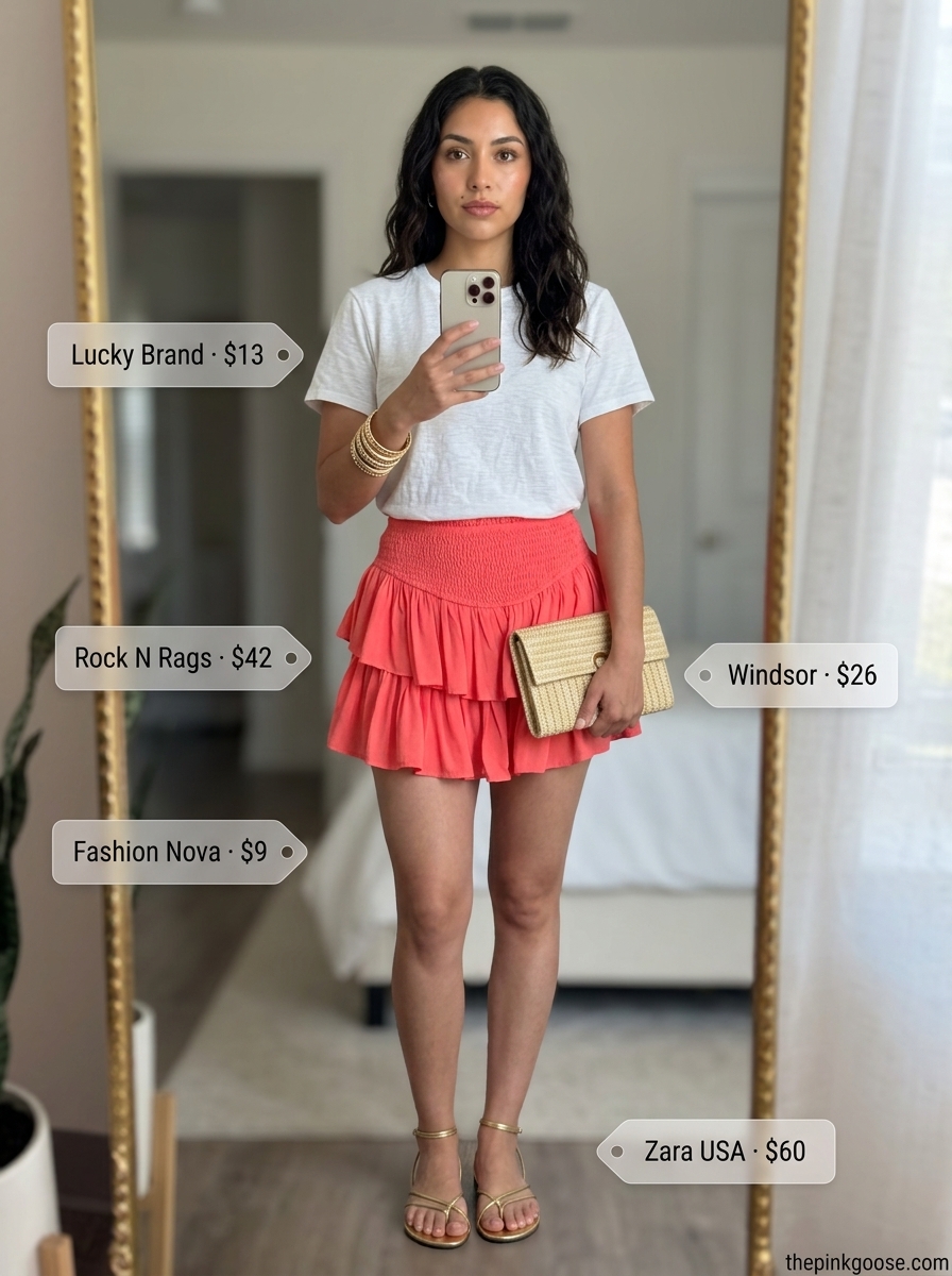 Coral A-line mini skirt outfit 2026: White tee, metallic sandals, gold bangles for fiesta.