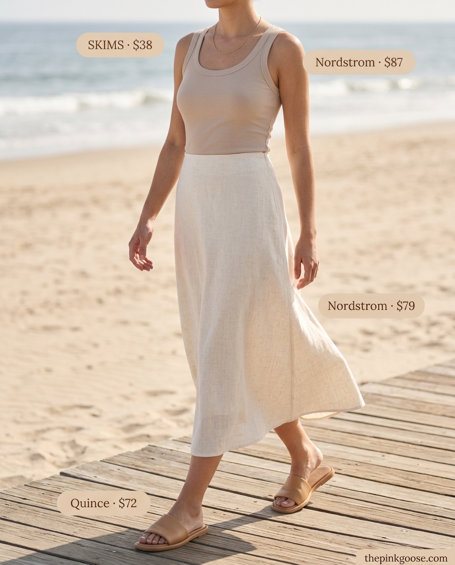 Cream linen A-line skirt outfit 2026: Ribbed tank, leather bag, gold necklace for a relaxed beach day.
