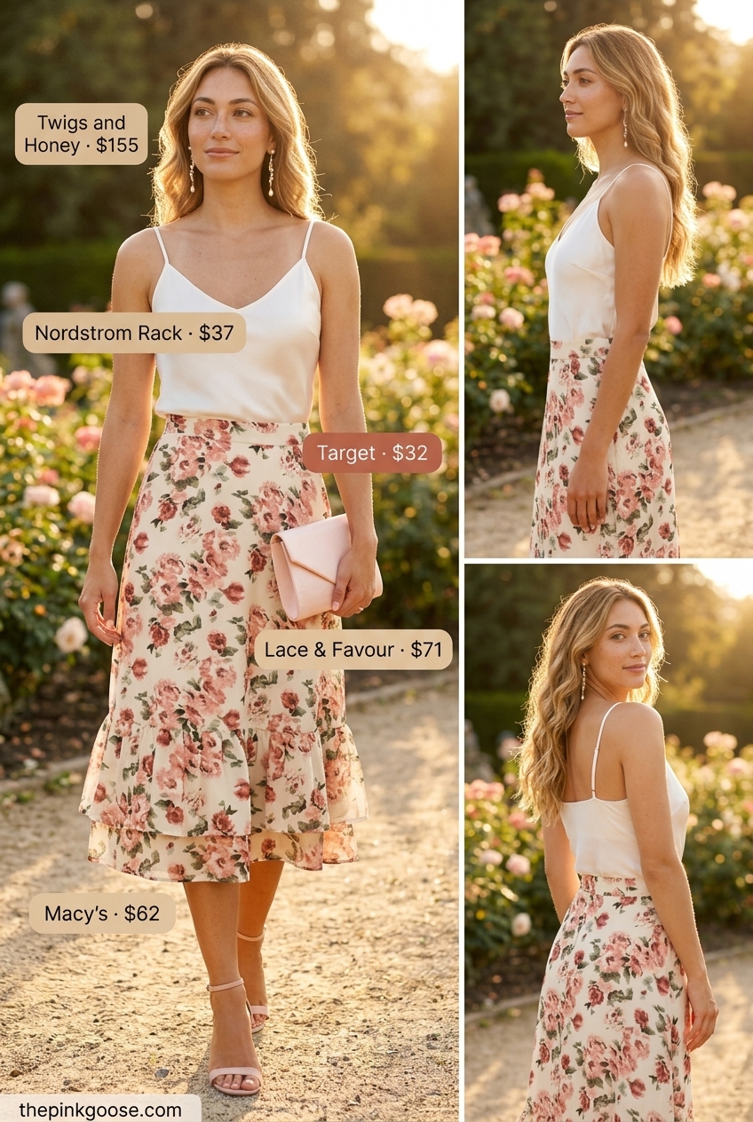 Garden Party summer A-line skirt outfit for women 2026: floral chiffon skirt, satin cami, block heels.