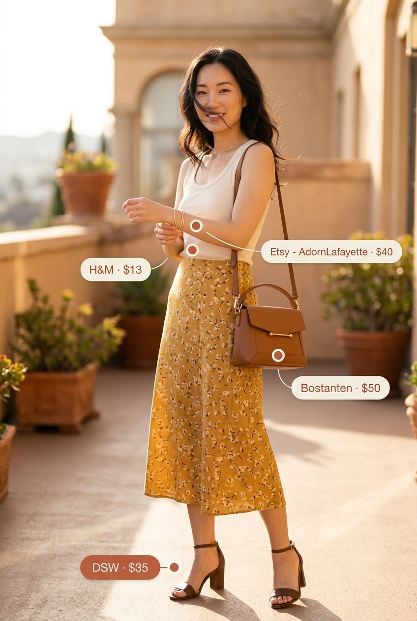 Golden Hour summer A-line skirt outfit for women 2026: mustard yellow skirt, cream knit top, block heels.