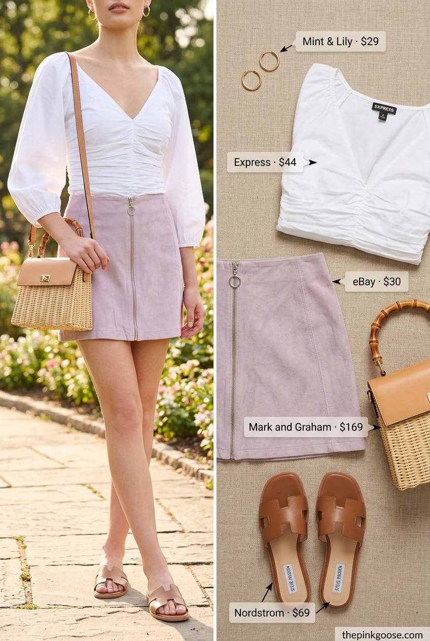 Lavender A-line skirt outfit 2026: Puff sleeve blouse, straw bag, gold earrings for a feminine date.