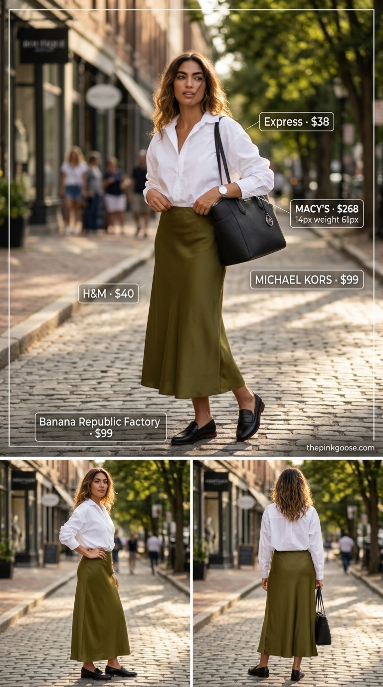 Olive green A-line skirt outfit 2026: White shirt, loafers, tote bag for city sightseeing.