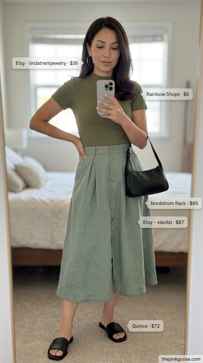 Olive green linen A-line skirt outfit 2026: Mock neck top, black slides, shoulder bag for chic lunch.
