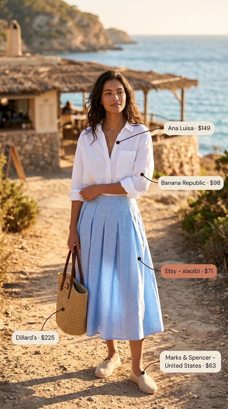 Seaside Serenity summer A-line skirt outfit for women 2026: powder blue linen midi skirt, oversized shirt.