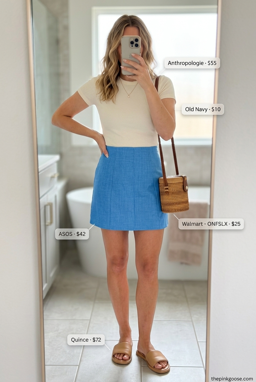 Sky blue A-line mini skirt outfit 2026: Fitted knit top, straw bag, gold necklace for beach town.