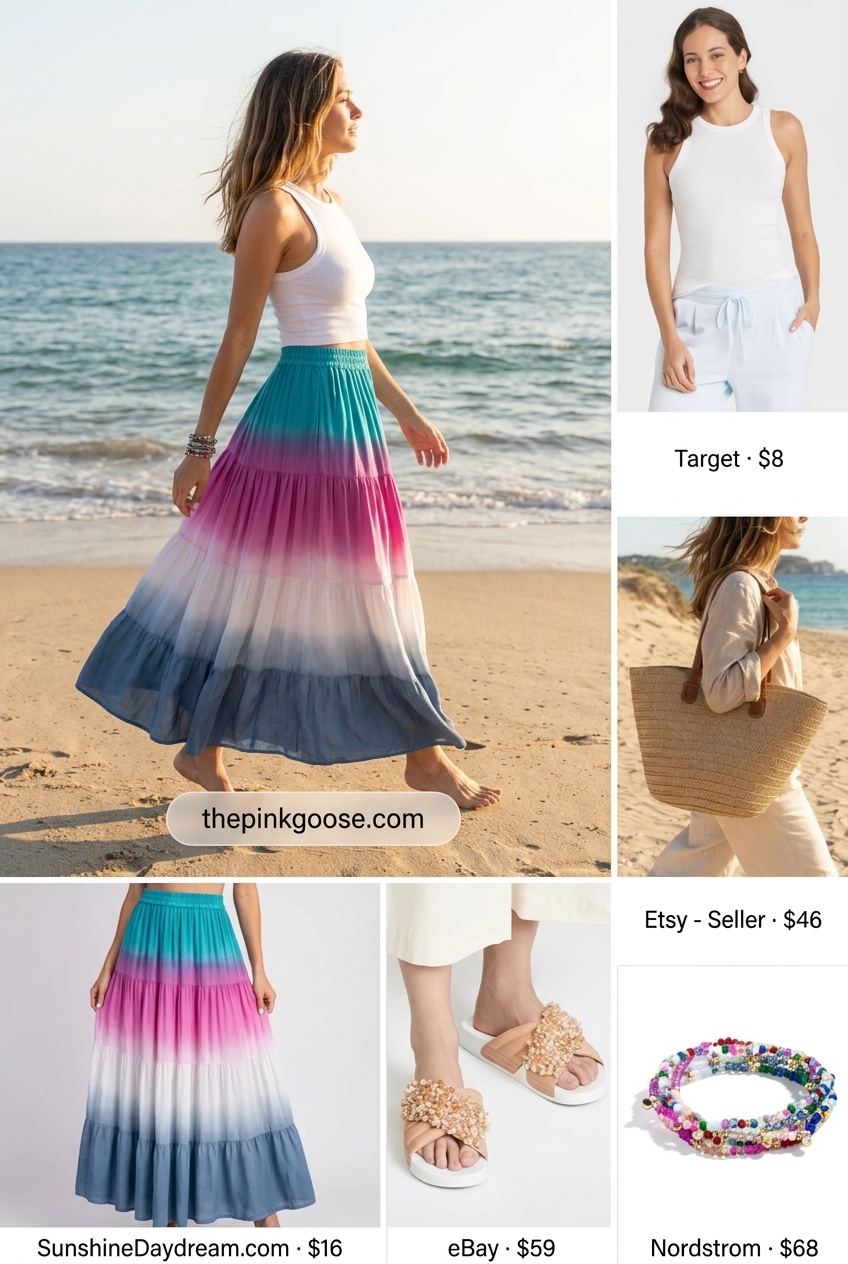 Teal tie-dye maxi skirt outfit 2026: Ribbed tank, straw tote, embellished slides for boho beach.