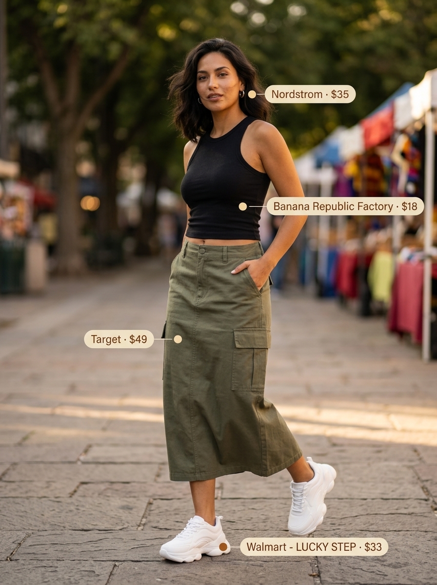 Urban Explorer summer A-line skirt outfit for women 2026: khaki cargo skirt, black tank, platform sneakers.