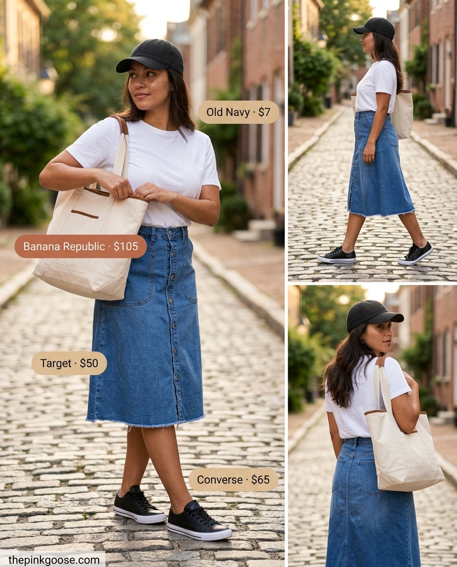 Weekend Getaway summer A-line skirt outfit for women 2026: denim skirt, white tee, canvas tote, sneakers.