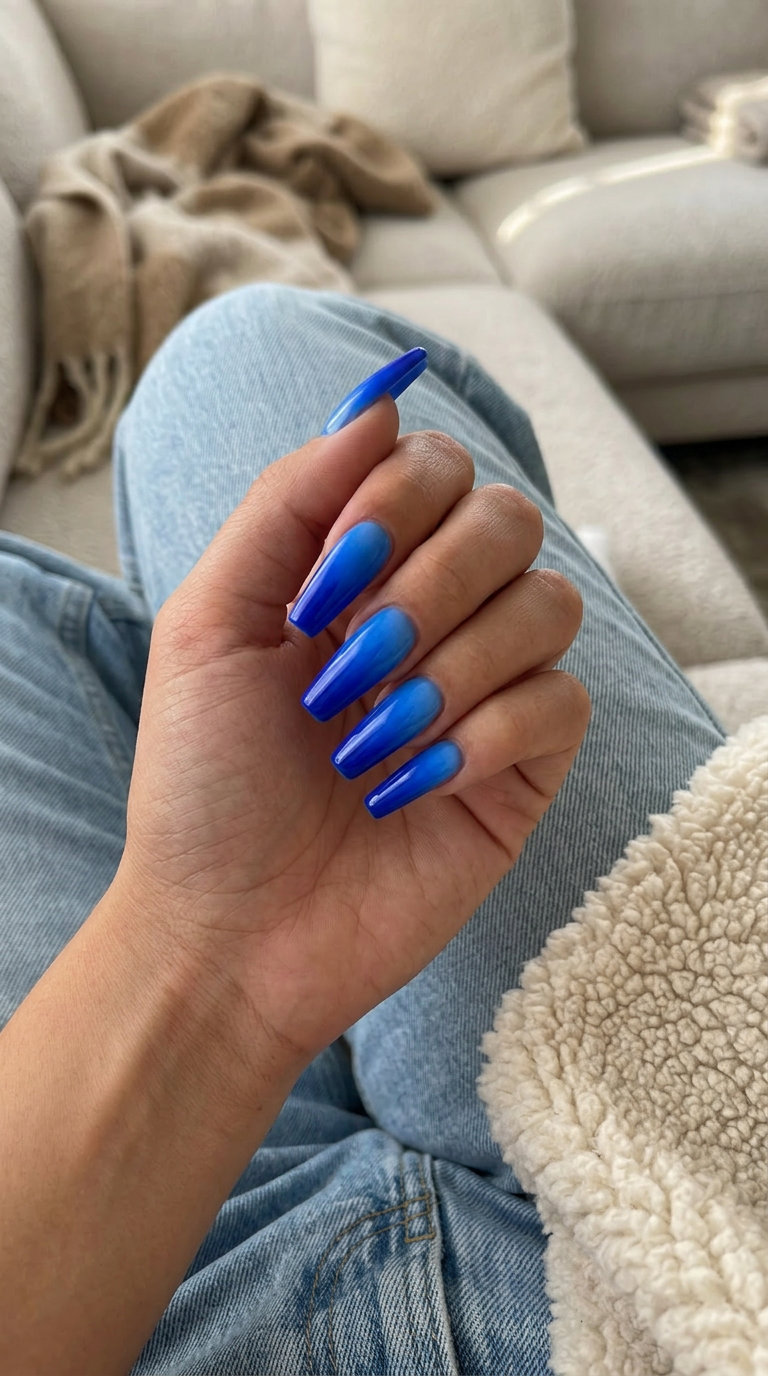 Cobalt Aura Gradient Nails 2026: Party Ready Electric Cobalt Aura Gradient nails for summer acrylic nails 2026. Futuristic, bold party or festival look.