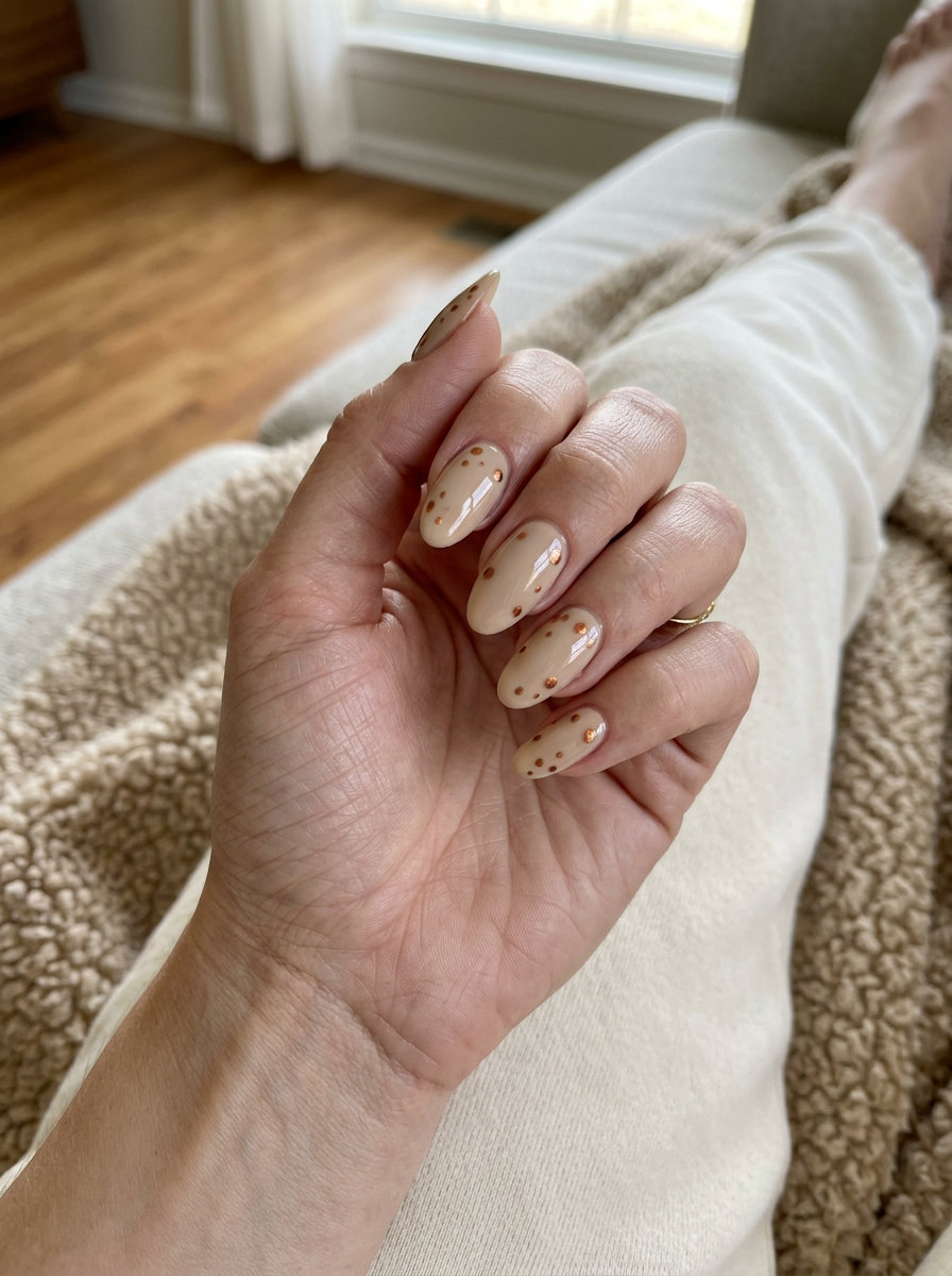 Copper Abstract Dot Fiesta - Summer Acrylic Nails 2026 Copper Abstract Dot Fiesta: Bohemian summer acrylic nails 2026 for festivals & date nights. Earthy glam.