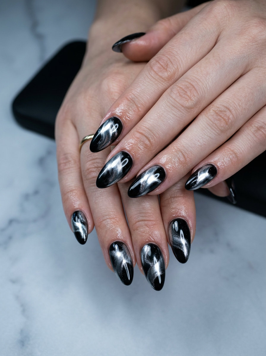 Chrome Swirl Nails 2026: Edgy Night Out Cosmic Swirl Abstract Chrome nails for summer acrylic nails 2026. Edgy, futuristic night out or festival look.