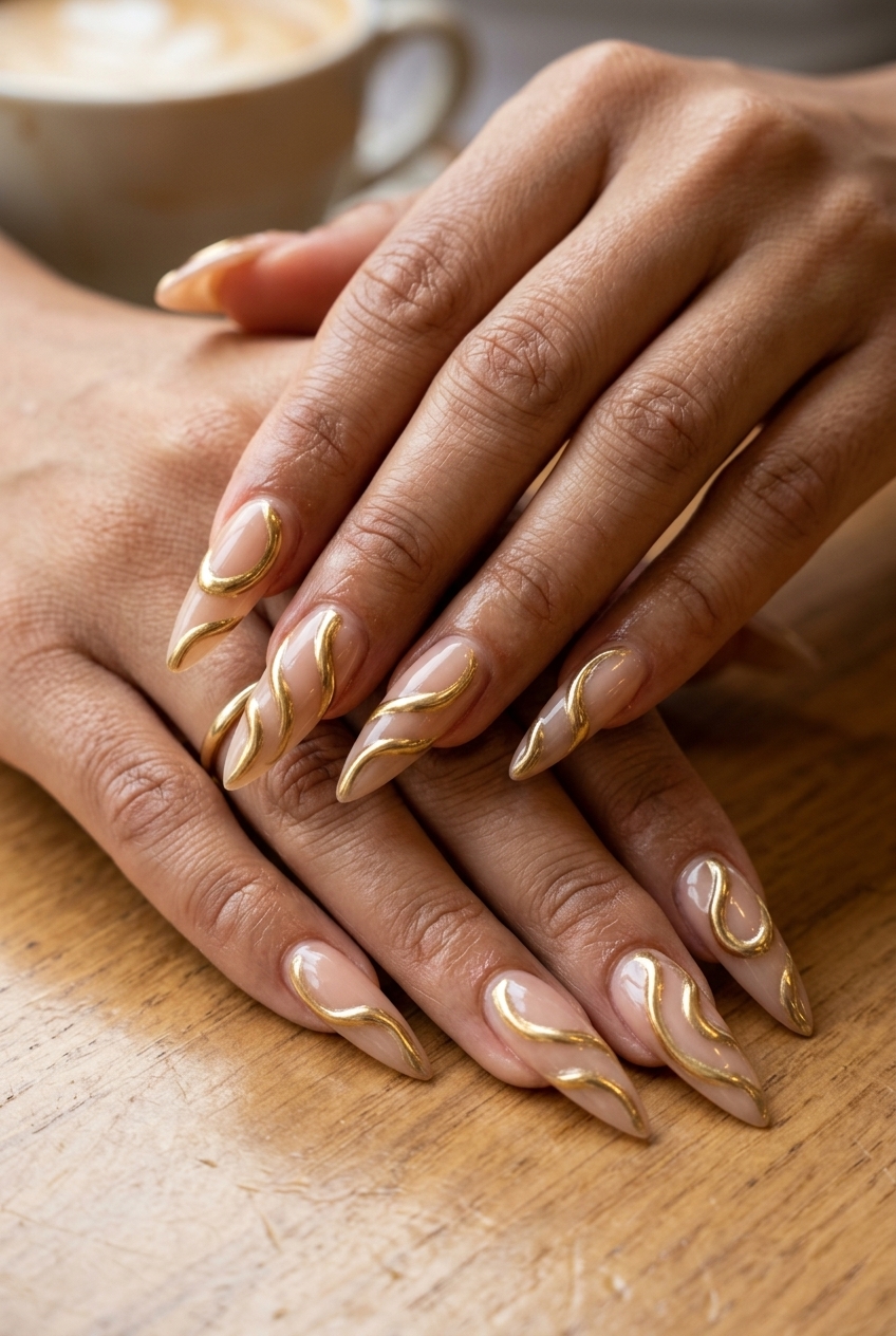 Summer Acrylic Nails 2026: Gold Chrome Stilettos Gold Chrome Stiletto Swirls acrylic nails for summer nights out 2026. Edgy and glamorous with nude base.