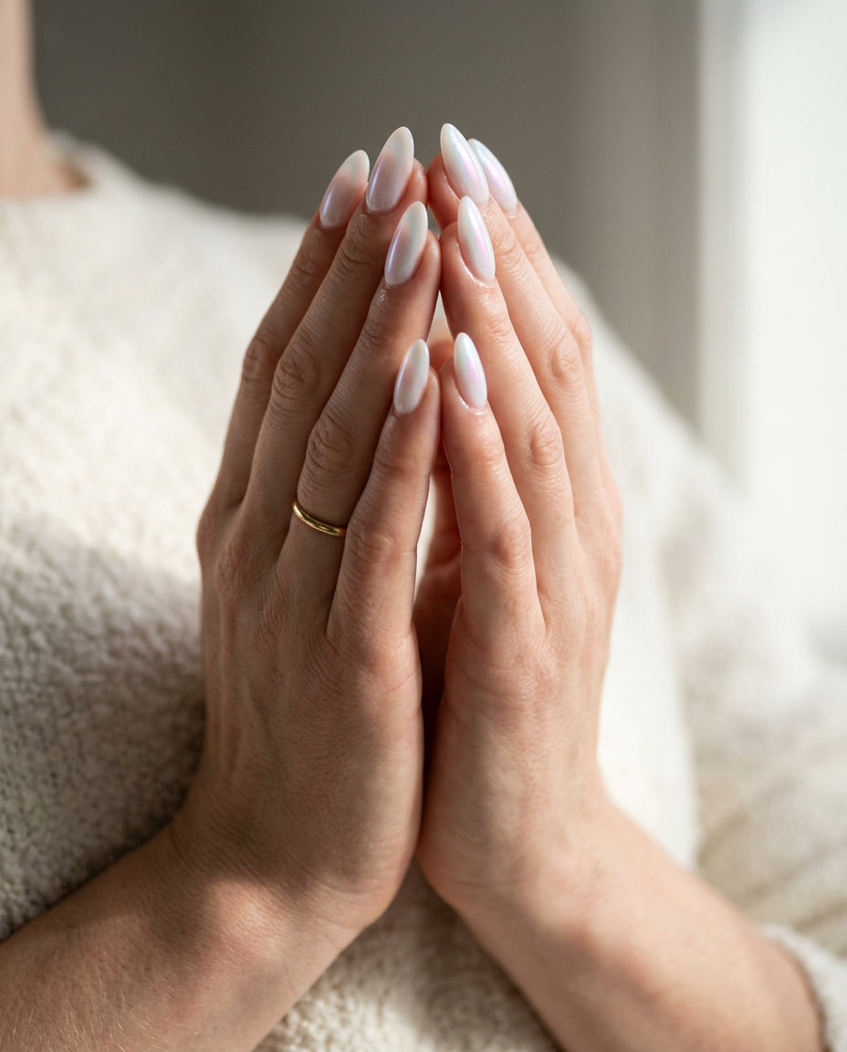 Summer Acrylic Nails 2026: Iridescent Aura Iridescent White Aura acrylic nails for summer festivals 2026. Ethereal and dreamy with shifting colors.