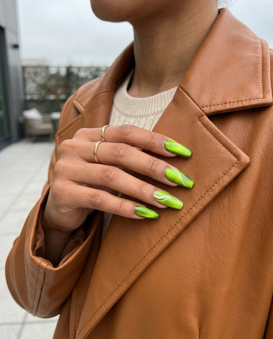 Vivid Lime Cat-Eye Swirls - Summer Acrylic Nails 2026 Vivid Lime Cat-Eye Swirls: Bold summer acrylic nails 2026 for parties & festivals. Sultry & unique.