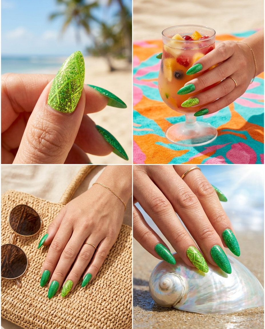 Lime Glitter Pop Accent - Summer Acrylic Nails 2026 Lime Glitter Pop Accent: Bold summer acrylic nails 2026 for parties & casual weekends. Playful & glam.