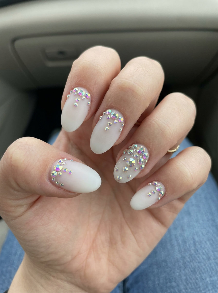 Milky Rhinestone Sparkle - Summer Acrylic Nails 2026 Milky Rhinestone Sparkle: Elegant summer acrylic nails 2026 for weddings & special events. Glamorous.