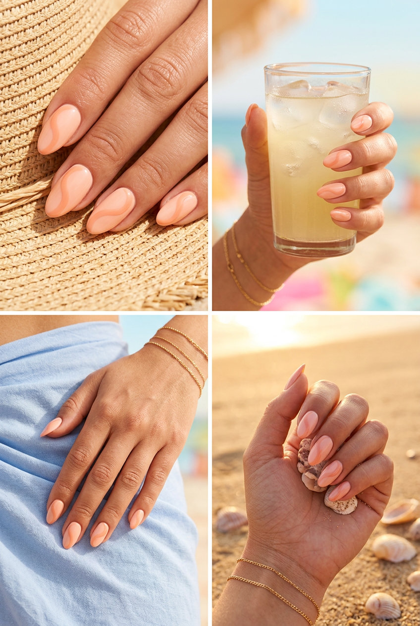 Whisper Peach Negative Space Swirls - Summer Acrylic Nails 2026 Whisper Peach Negative Space Swirls: Chic summer acrylic nails 2026 for daily wear & work. Minimalist.