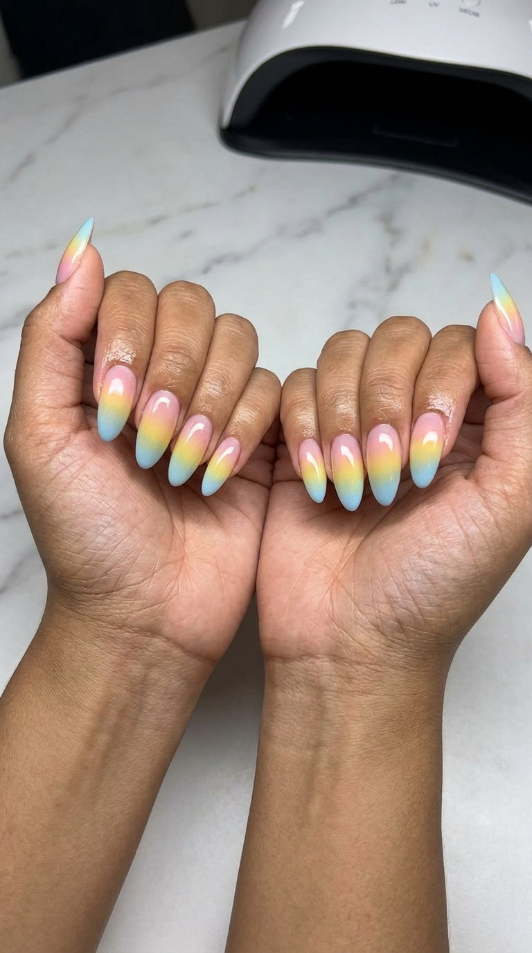 Jelly Gradient Nails 2026: Summer Fun Rainbow Sorbet Gradient nails for summer acrylic nails 2026. Playful, vibrant vacation or summer fun style.