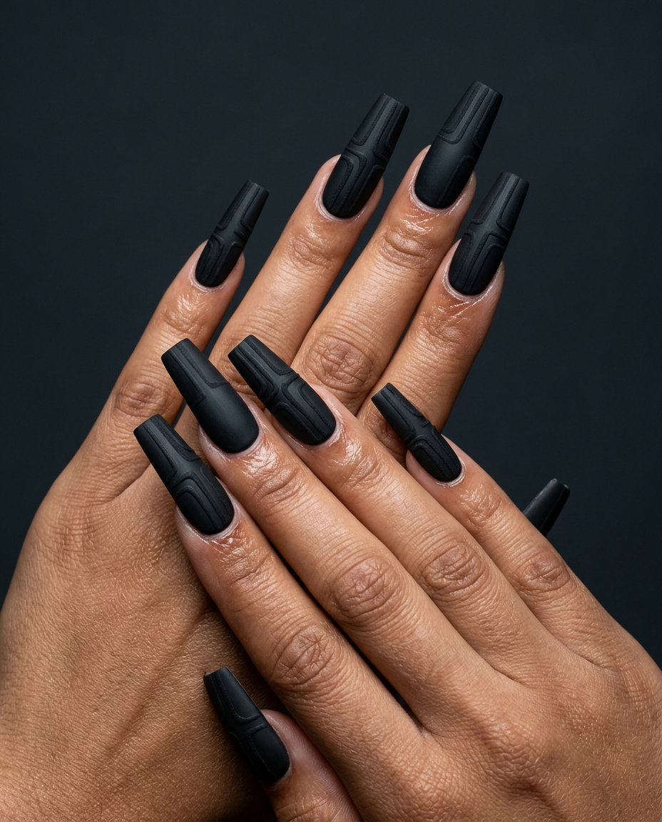 Textured Noir Lines - Summer Acrylic Nails 2026 Textured Noir Lines: Edgy summer acrylic nails 2026 for daily wear & nights out. Sophisticated.