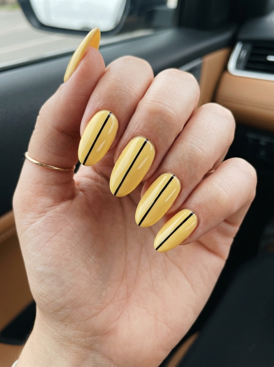 Butter Yellow Line Oval Nails 2026 Butter yellow minimalist lines oval acrylic nails for summer 2026 daily wear.