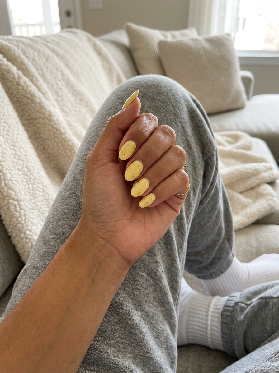 Butter yellow oval acrylic nails with gold foil accents for summer parties in 2026.