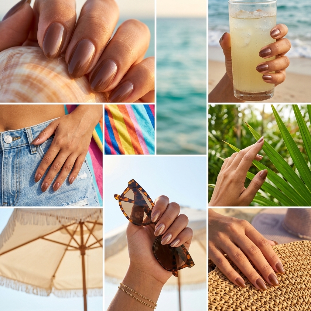 Sheer Chocolate Pearlescent Oval Nails 2026 Sheer chocolate brown oval acrylic nails with pearlescent finish for summer acrylic oval nails 2026.
