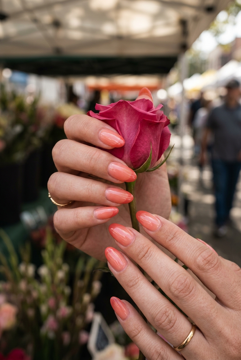 Fresh Coral French Tip Nails 2026 Coral sheer French tip oval acrylic nails for fresh summer acrylic oval nails 2026 vacation outfits.