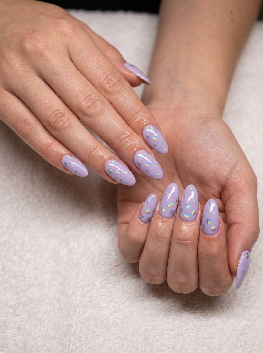 Lavender Cosmic Dots Summer Nails 2026 Lavender holographic cosmic dots on medium oval acrylic nails for summer acrylic oval nails 2026 festival outfits.