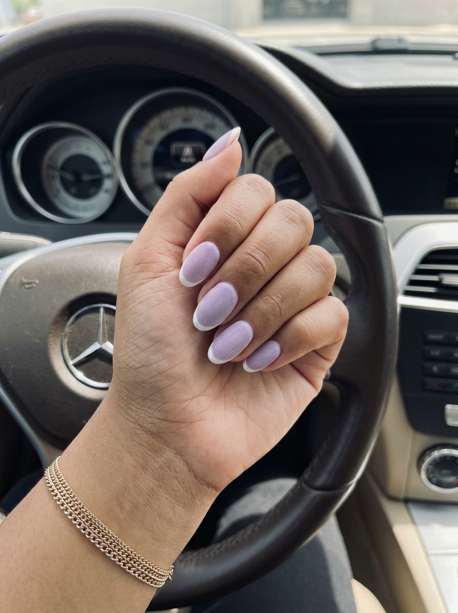 Ethereal Lavender Velvet French Nails 2026 Soft lavender velvet French micro-tip medium oval acrylic nails for romantic summer acrylic oval nails 2026.