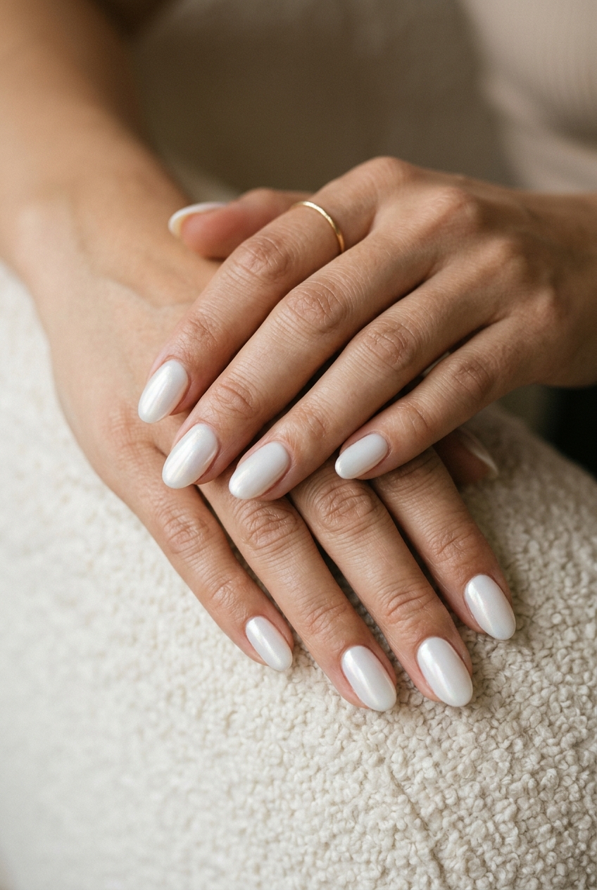 Milky White Chrome Dust Oval Nails 2026 Milky white oval acrylic nails with iridescent chrome dust shimmer for summer acrylic oval nails 2026.