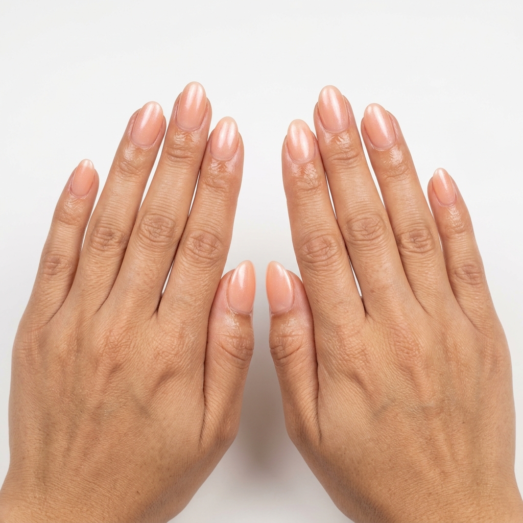 Peach Pearlescent Oval Nails 2026 Peach pearlescent summer glaze oval acrylic nails for 2026 vacation style.