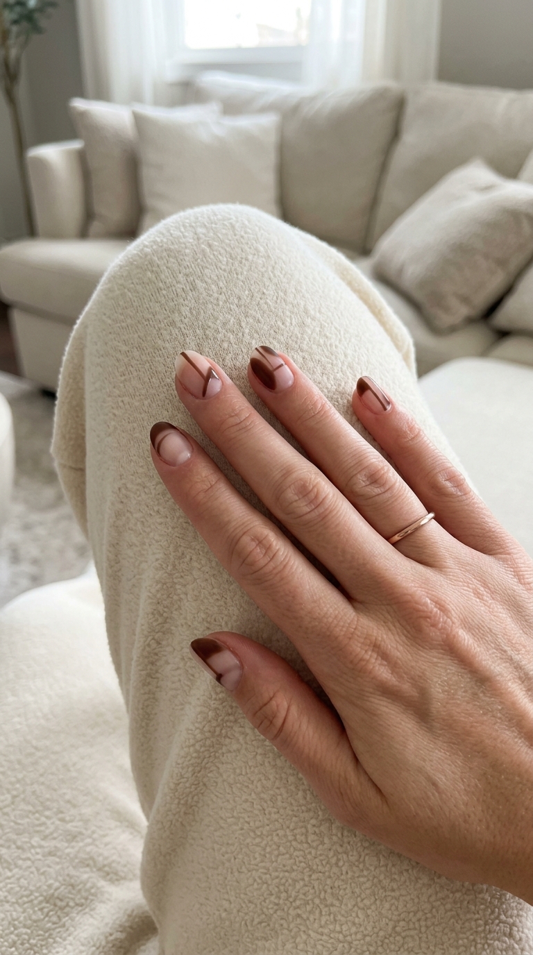Minimalist Brown Negative Space Nails 2026 Chic sheer brown negative space oval acrylic nails for minimalist summer acrylic oval nails 2026 work.