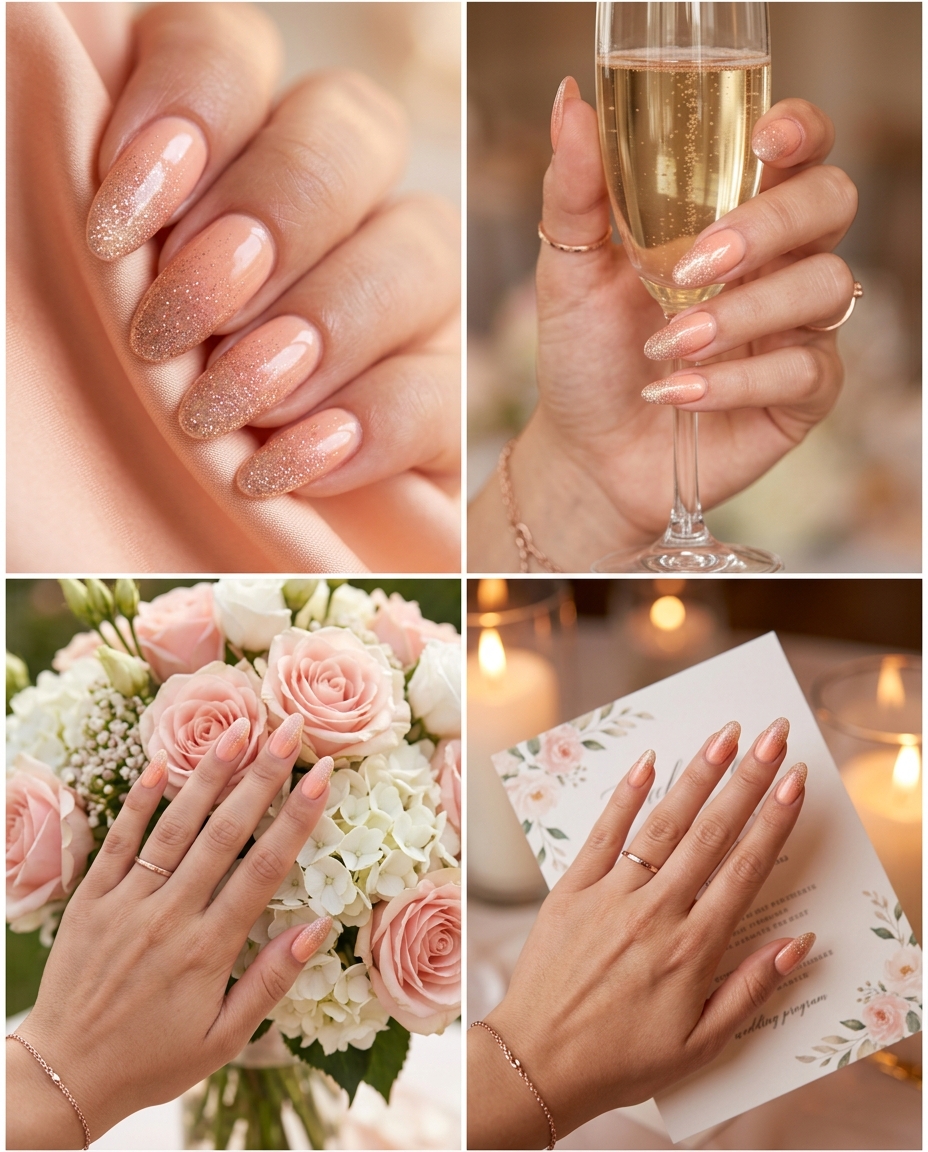 Sunset Glitter Ombre Oval Nails 2026 Sunset glitter ombre oval acrylic nails for summer 2026 wedding outfits.