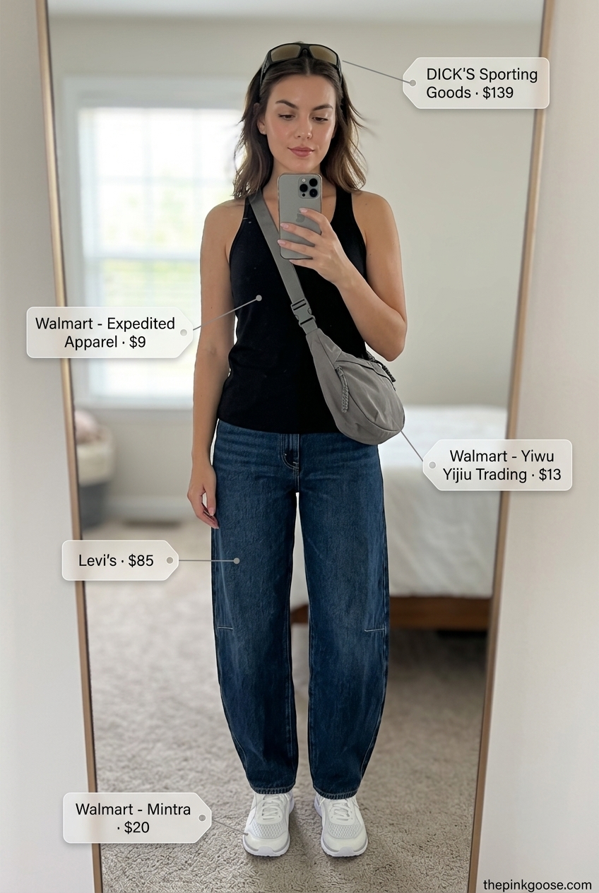 Active Summer Barrel Leg Jeans Outfits for Women 2026: Dark wash jeans, tank top, fashion sneakers, crossbody bag, sunglasses.