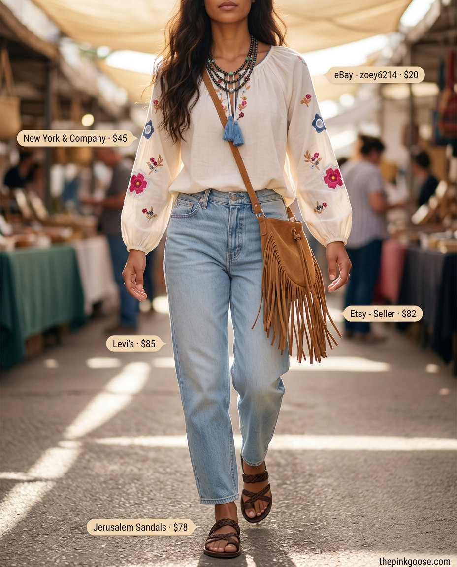 Bohemian Summer Barrel Leg Jeans Outfits for Women 2026: Light wash jeans, peasant blouse, fringe bag, layered necklaces.