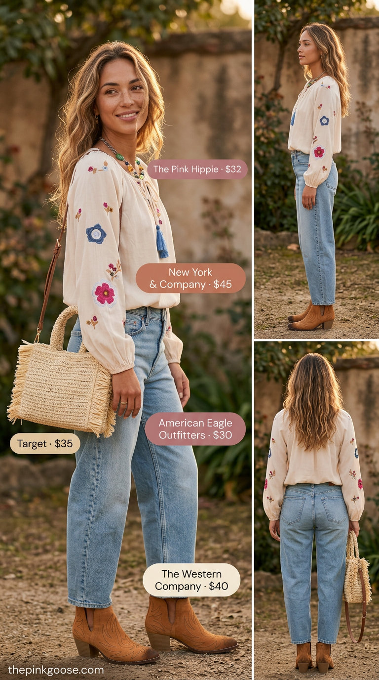 Summer barrel leg jeans outfits for women 2026: Boho peasant blouse, light wash jeans, ankle boots for evening.
