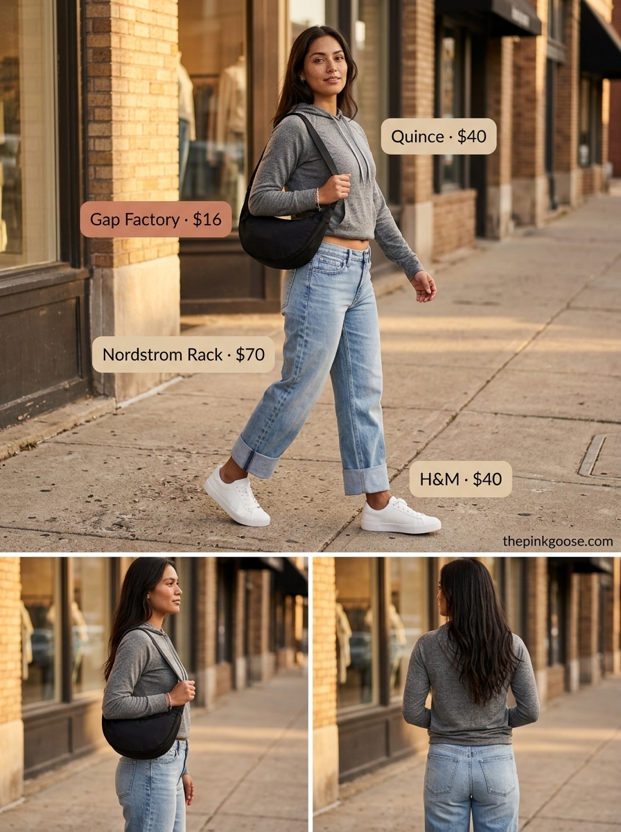 Summer barrel leg jeans outfits for women 2026: Casual grey hoodie, white sneakers, and blue denim barrel jeans.