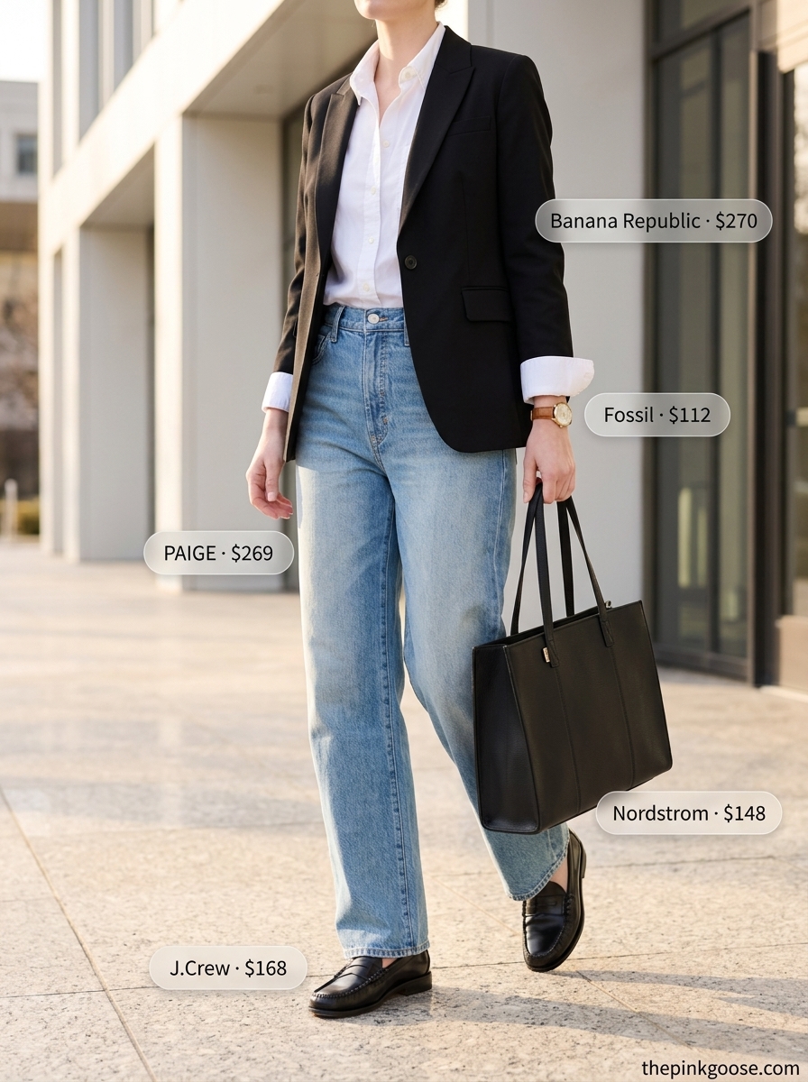 Summer barrel leg jeans outfits for women 2026: Dark wash jeans, white button-down, black blazer, and loafers.