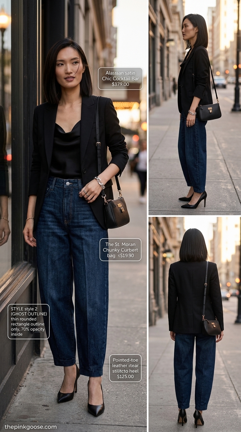 Summer barrel leg jeans outfits for women 2026: Dark wash jeans, black blazer, satin cami, and stiletto heels.