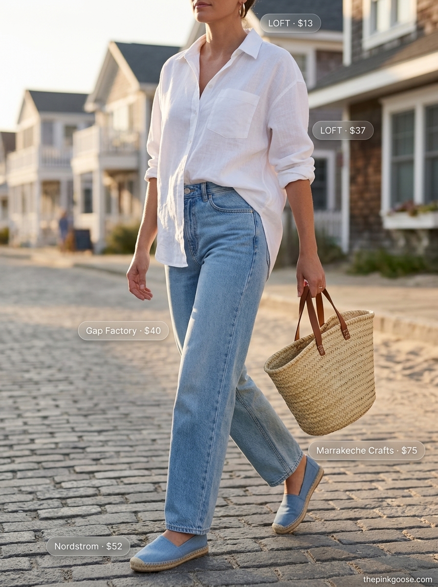 Coastal Summer Barrel Leg Jeans Outfits for Women 2026: Light wash jeans, linen shirt, straw tote, espadrilles, gold hoops.