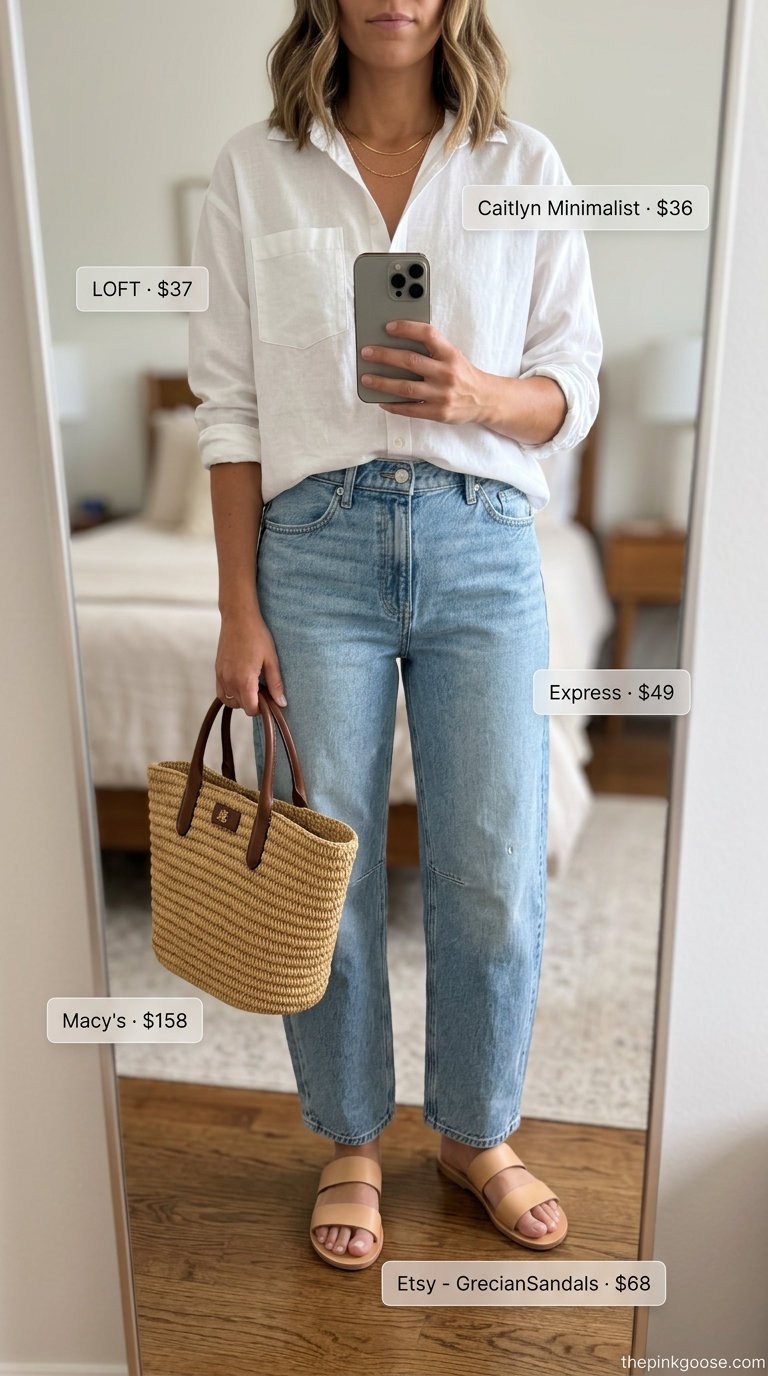 Summer barrel leg jeans outfits for women 2026: Light wash jeans, oversized white linen shirt, straw tote, and tan slides.