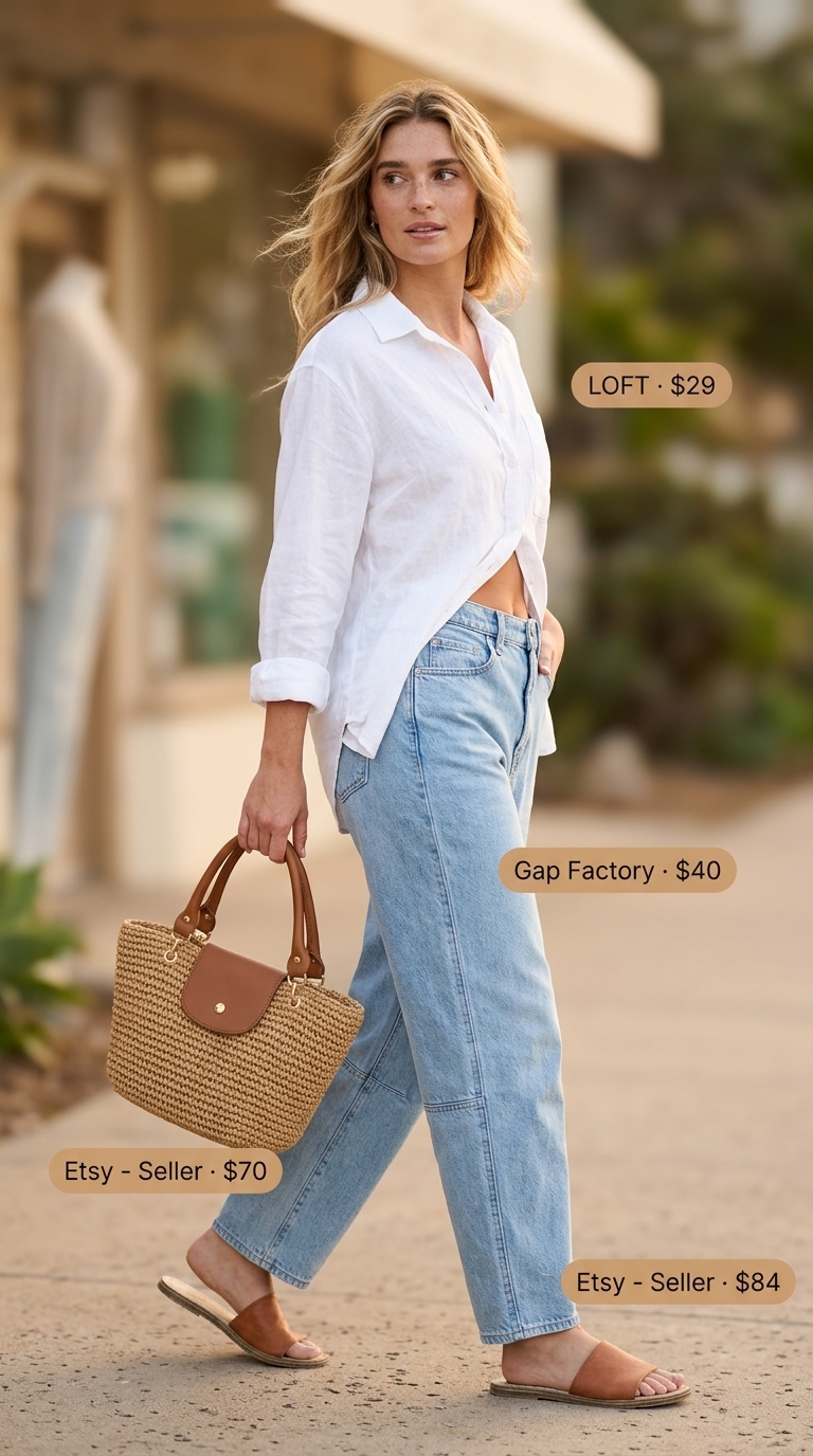 Relaxed Summer Barrel Leg Jeans Outfits for Women 2026: Light wash jeans, linen shirt, straw tote, leather slides, gold necklaces.
