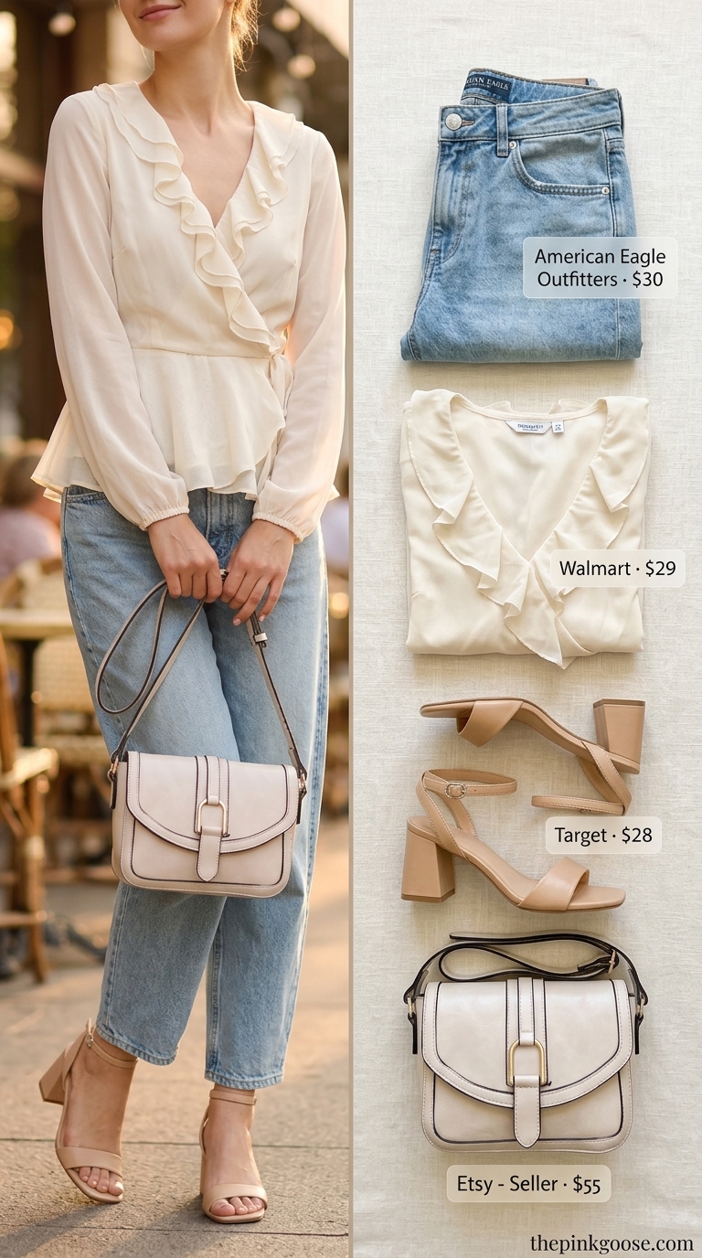 Summer barrel leg jeans outfits for women 2026: Light wash jeans, floral wrap blouse, nude block heels, and cream crossbody.